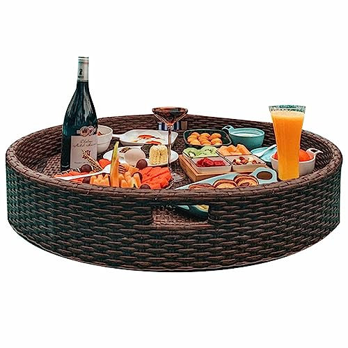 Schwimmende Schublade aus Rattan Woven Tray,Round Rattan Woven Floating Water Tray,Rattan Floating Tray,Schwimmendes Tablett Schwimmende Luxus Tablett Tisch Bar Für Pool-Drinks-Brunch -, Braun-80Cm
