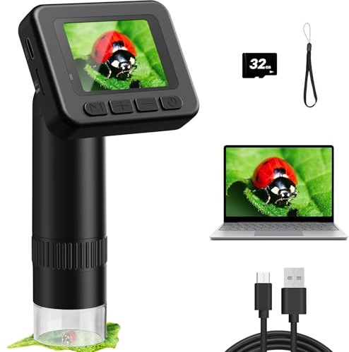 Microscopio Digitale Portatile D-KS2 con Schermo IPS da 2, per Scattare Foto e Video, Scaricare su PC e Mac, Microscopio tascabile 1000X per Bambini/Adulti con Supporto Scheda SD da 32 G