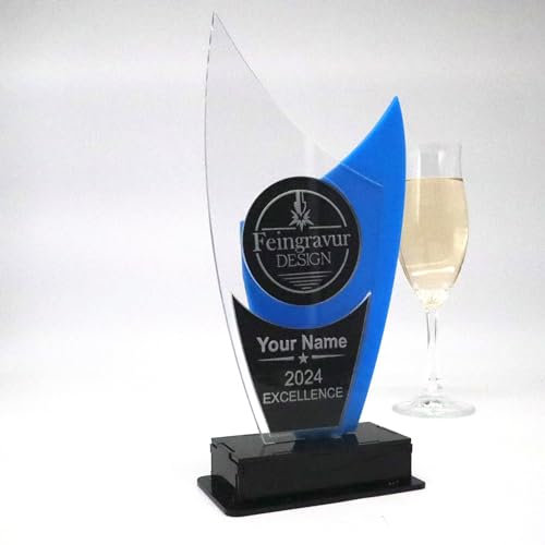 Personalisierte Moderne edle Trophäe, personalisierter eigener Text oder Logo, Blau und Spiegel Acryl - Medaille - Pokal - Auszeichnung 230x105 mm Schwarz
