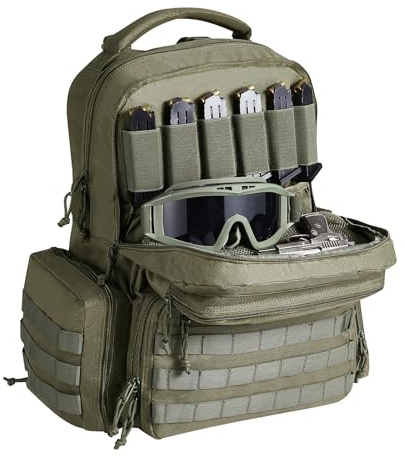 VEVOR Sac à Dos Tactique pour 6 Pistolets et 10 Chargeurs, Sac de Tir en Polyester 600D, Étui Souple pour Pistolet avec Fermeture Éclair Verrouillable, pour Ranger Armes de Poing, Chasse, Vert