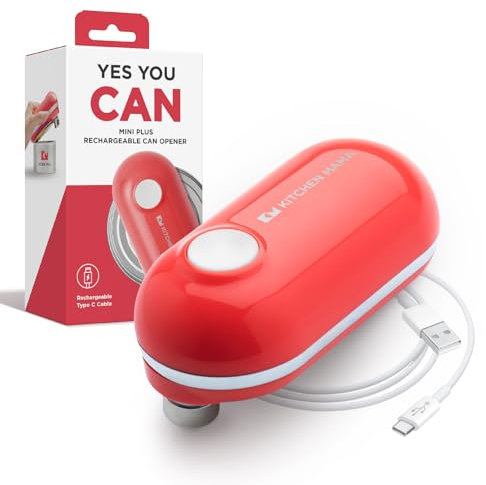 Kitchen Mama Mini Plus Abrelatas eléctrico recargable: compacto, carga tipo C, manos libres, apagado automático, bordes lisos, apto para alimentos; ideal para el hogar (Rojo)