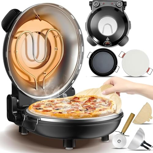 12 Inch Indoor Pizza Oven, Countertop Heats Up to 420℃ + Pizza Stone, Grill Pan, Pizza Cutter, Viewing Window Thermometer, Table Top Pizza Cooker, Portable Pizza Maker Machine