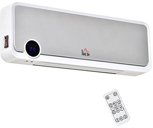 HOMCOM Calefactor Baño de Pared 1000W/2000W Calentador Cerámico con Pantalla LED Control Remoto Temporizador de 12H Termostato y Protección contra Recalentamiento 56x11,7x18,5 cm Blanco