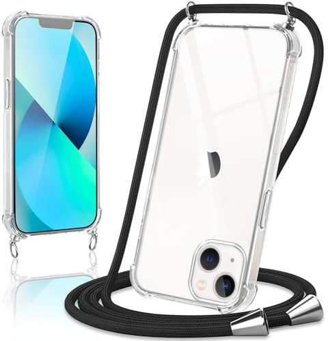 Coiwxmoi Coque avec Cordon pour iPhone 13/iPhone 14 6,1, Collier Réglable Téléphone Étui Portable Lanyard Case Transparent Ultra Souple Silicone Housse Antichoc Protection Cover pour iPhone 14, Noir