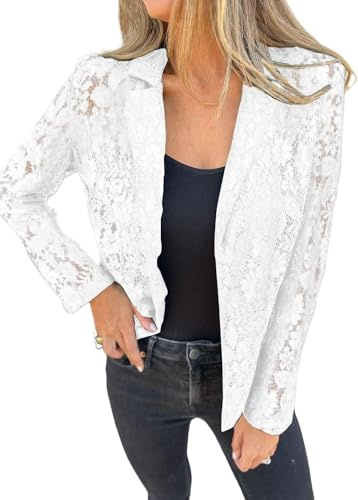 Juankrynord da Donna Elegante Cravatta Bottone Tulle Maglia Pizzo Blazer Abbigliamento da Lavoro Ufficio Giacca con Tasche Moda Colore Solido Business Lavoro Pizzo Camicia (Bianco,L)