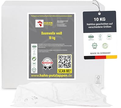 Hahn Putzlappen® Baumwolle Weiß [10kg] – Nahtlos auf verschieden Größen – Langlebig zum reinigen von empfindlichen Oberflächen, Elektronik, Haushalt & Autopflege – 100% Recycling, Made in Germany
