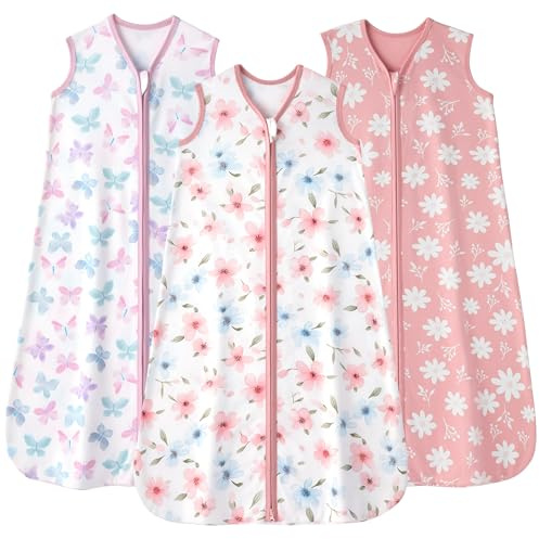 FIEMOL Baby sovsäck 12–18 månader 0,5 tog bärbara babyfiltar av bomull, 3-pack andningsbar sommarsovsäck för nyfödda 76–89 cm rosa fjäril