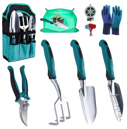 Juego de herramientas de jardín, 12 herramientas de mano de jardín, práctica bolsa de almacenamiento y mango antideslizante, regalo ideal para el jardín para mujeres y hombres