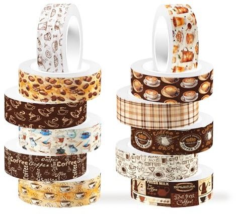 CC HOME Kaffee Washi Tape Set 12 Rollen Masking Tape Dekoratives Klebeband Café Stickers für Scrapbook Zubehör Journaling Zubehör Junk Tagebuch DIY Kunsthandwerk Tagebuch Alben Bastelmittel