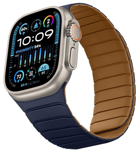 Sixmoat Bracelet Réversible Double Face Compatible avec Apple Watch 49mm 46mm 45mm 44mm 42mm, Bracelet Magnétique en Silicone Souple pour iWatch Ultra 3 2 1 SE série 11 10 9 8 7 6 5 4 3, Marron-Indigo