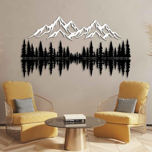 Wanddekoration aus Metall mit Berg und Wald, große Metall-Wandskulptur für Wohnzimmer, Landschaftswandkunst, Kiefernbaum-Wanddekoration, rustikale Bergszene, Wald-Wandbehang, Natur-Silhouetten-Kunst