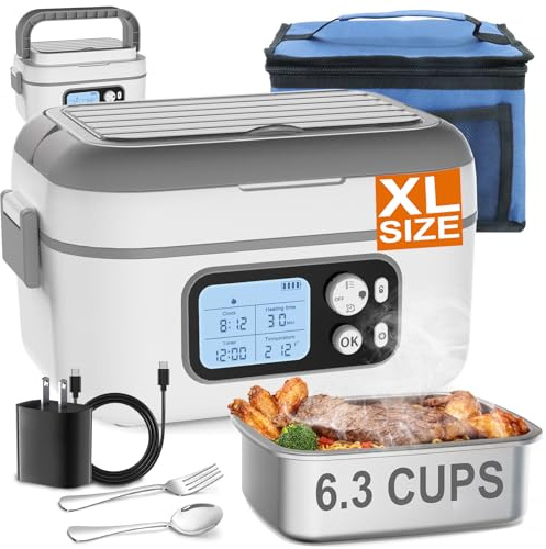 ZRYBOMY 6.3-Cup Cordless Electric Lunch Box for Adults, 27000mAh Heated Lunch Box For Men Battery Powered with Automatic Heating, 100W Self-Heating Portable Food Warmer for Hot Meals Anywhere, White
