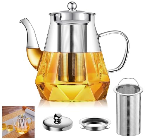 Hengrongshen Teekanne mit Siebeinsatz, 1000 ml GlasTee Kanne mit Siebeinsatz, Glasteekanne für Losen Tee mit Teesieb, Hochtemperaturbeständige Teekanne
