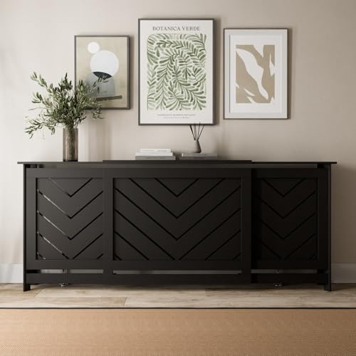 DuraTherm® Arrow Radiator Cover Black Modern Chevron Slat Shelves MDF Cabinet Shelf for Radiators, Living Rooms, Bedrooms, Adjustable (W: 140-230cm / H: 94cm / D: 21cm)