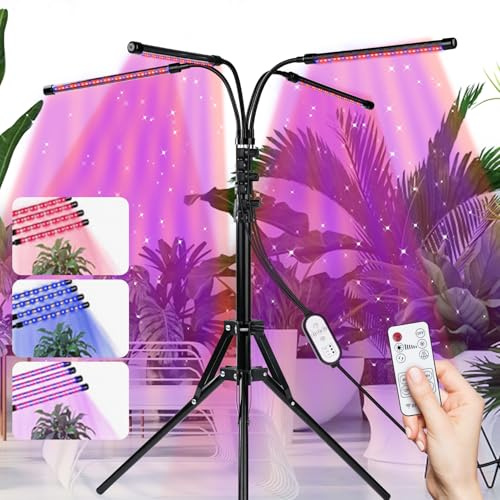 Nikou Grow Lights for Indoor Plants, 80 LED Beads 4 Heads Multi-Color Spectrum Grow Light, Wired Control and Remote Control, Floor Standing Plant Grower with Adjustable Stand for Indoor Growth