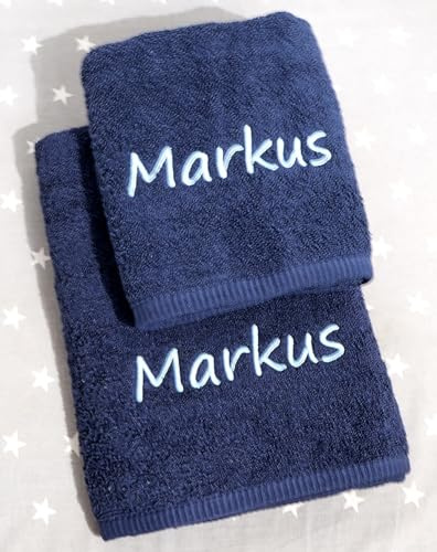 Generisch 2er Set Personalisiertes Handtuch mit Namen oder Text Duschtuch 70x140 cm + Handtuch 50x100 cm – 100% Baumwolle – 500 g/m² – Bestickt – Oeko-TEX (Marineblau, 2-TLG. - 70x140 cm + 50x100 cm)