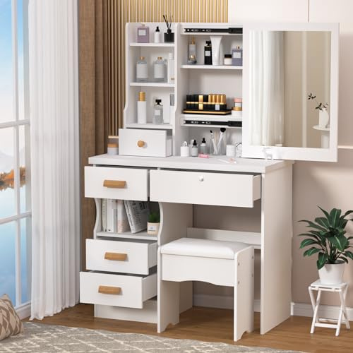 curfair Coiffeuse avec miroir, 5 tiroirs et miroir coulissant, avec rangement caché, bureau de coiffeuse avec miroir pour chambre à coucher/dressing, cadeau pour femme pour la Saint-Valentin, le jour