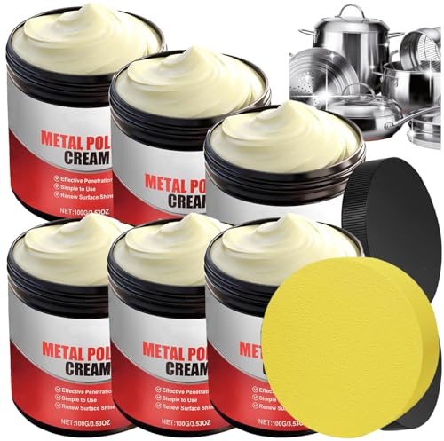 Pâte à polir universelle pour métaux (acier inoxydable, cuivre et laiton), nettoyant multi-usages pour éviers, casseroles, robinetterie chromée, etc. Non abrasif, avec éponge (6PCS)