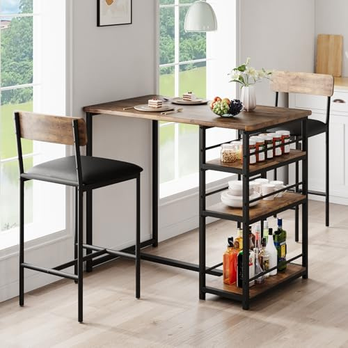 Bartisch mit Barhocker Set, Esstisch Set für 2 Personen mit 3 Ablageflächen, Gepolsterte Barstühle, Platzsparendes Küchentisch Set für Kleine Räume, Küche, Wohnung, Frühstückstheke, Retro-Optik