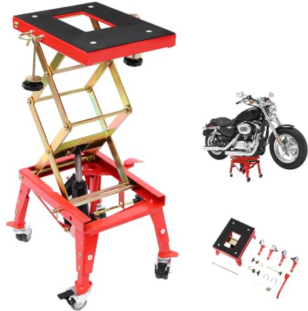 BSJAHTOP Élévateur de moto avec 4 roulettes et roue de frein, capacité de charge de 160 kg | Cric hydraulique pour moto avec roulettes, hauteur réglable, 350 à 800 mm, pour réparation de moto et atelier de voiture