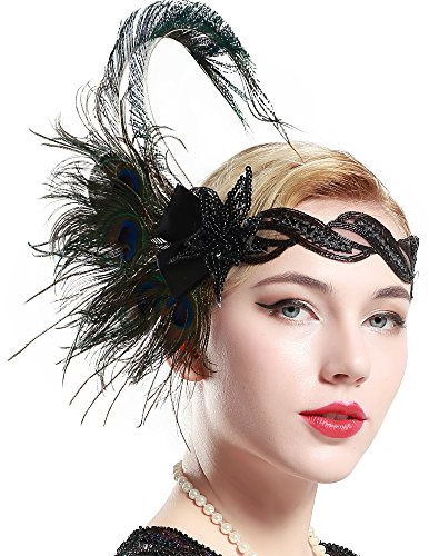 BABEYOND dam 1920-talet pannband påfågel fjäder 20-talet stil flapper hårband inspirerad av Great Gatsby dam kostym tillbehör stil 4