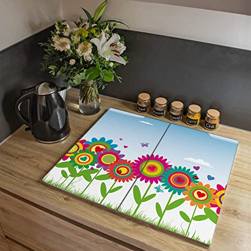 banjado Ceranfeld Abdeckung Glas 2-teilig 60x52 cm, Herdabdeckplatten und Schneidebrett Küche aus gehärtetem Glas, dekorativer Küchen Spritzschutz Blumen & Pflanzen mit Motiv Bunte Blumen