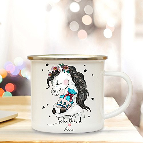 Emaille Becher Einschulung Camping Tasse Pferd Pferdchen mit Schultüte Spruch Schulkind & Name Wunschname Kaffeetasse Geschenk eb206