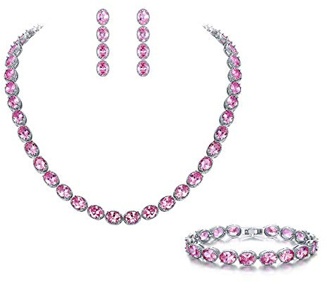 EVER FAITH Damen Schmuckset Braut Rosa Oval Zirkonia Geburtsstein Hochzeit Party Geschenk Halskette Ohrringe Armband Set