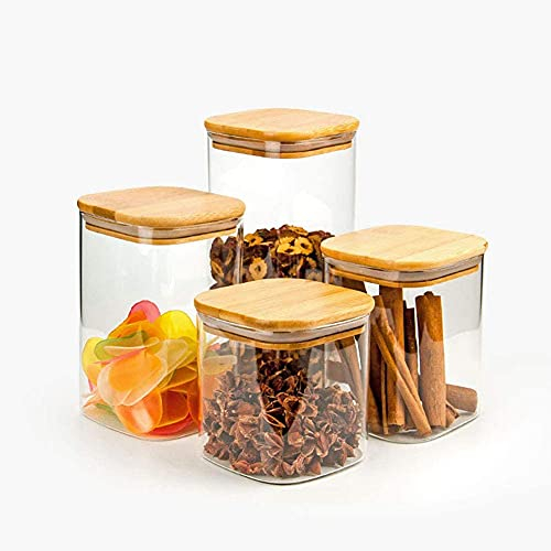 750ml Barattoli di Vetro Quadrato - Set di 3 Vasetti Vetro Impilabile - Contenitori in Vetro Borosilicato con Coperchi di Bambù - Ideale per Spaghetti, Spezie, Cereali