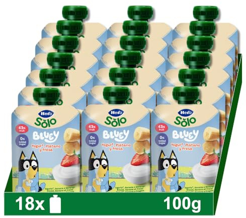 Hero Solo Bluey Bolsitas de Yogur, Plátano y Fresa, Para Bebés a Partir de los 6 Meses - Pack de 18 x 100 g