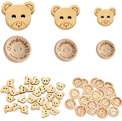 Tangger 300 PCS Runde Holzknöpfe Knöpfe Holzknöpfe Motiv Teddy Teddybär Holzknöpfe Handmade Buttons Wooden Buttons Craft Buttons Natur Holzknöpfe Vintage Knöpfe zum Nähen und Basteln(6 Größen)