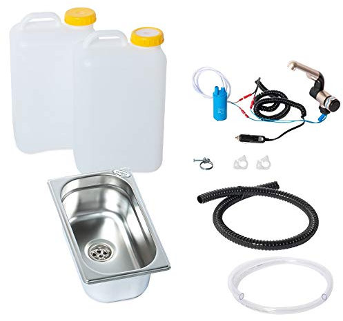 Wasseranlage Imbisswagen Verkaufsanhänger Campingküche 12v Bausatz Spüle 265x160x100mm + Wasserhahn Barwig Chrom Wasserkanister 19 Liter (ad-ideen)