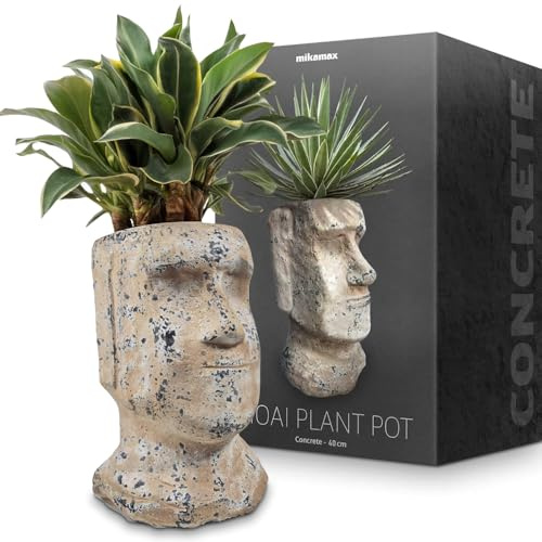 MikaMax, Moai Pflanztopf, Moai Blumentopf, Osterinsel Moai Pflanzgefäß, Kopf Blumentopf, Pflanzgefäß, Osterinsel Moai Planter, Beton Blumentöpfe, Ø 40 x 24 x 24 cm, Beton Blumentöpfe.
