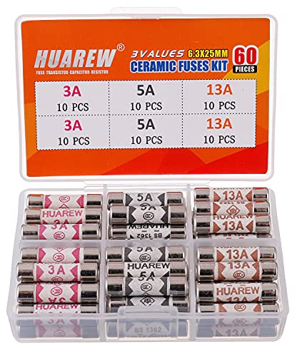 HUAREW 3 valeurs 60pcs 6.3x25mm BS1362 3A 5A 13A 240V 0.248x0.984inch Ceramic Tube Fusibles Assortiment Kit