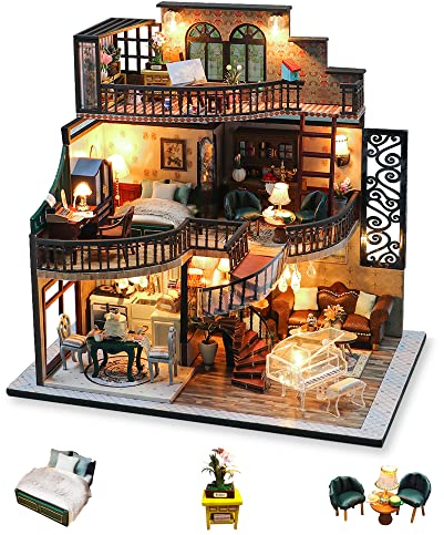 Cuteefun DIY Puppenhaus Miniatur Haus zum Selber Bauen für Erwachsene, Miniatur Puppenhaus Kit mit Werkzeug, Bastelset Häuschen Holz (Vintage-Loft)