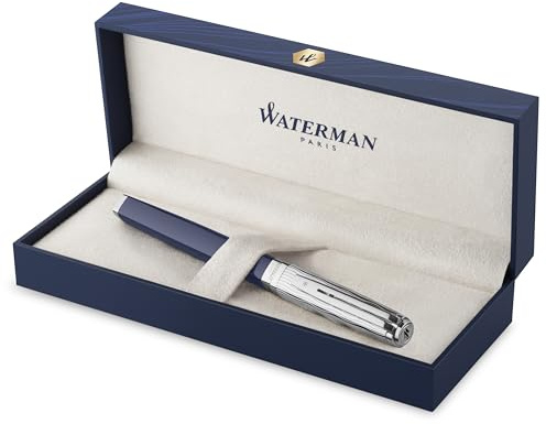 WATERMAN Exception Füllfederhalter (modell Slim), blaulackierter Schaft, versilberte Zierteile, Feine 18K Goldfeder - Geschenkbox