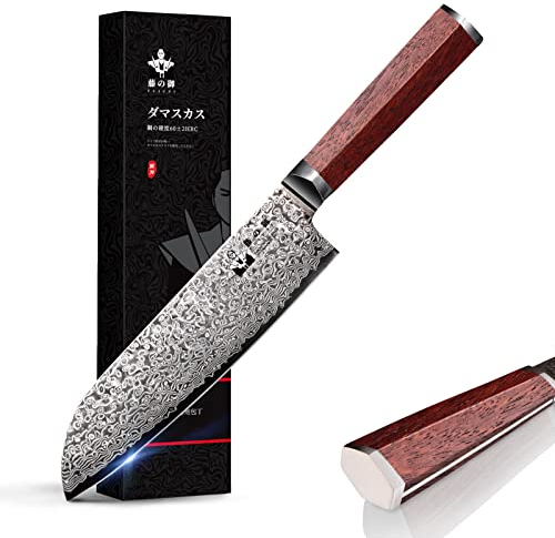 FUJUNI Damastmesser Santoku Messer damast Mit Extrem Scharf 18 cm Klinge Aus 67 Lagen VG-10 Damaststahl Küchenmesser Scharf Messer, Holzgriff, Geschenkbox