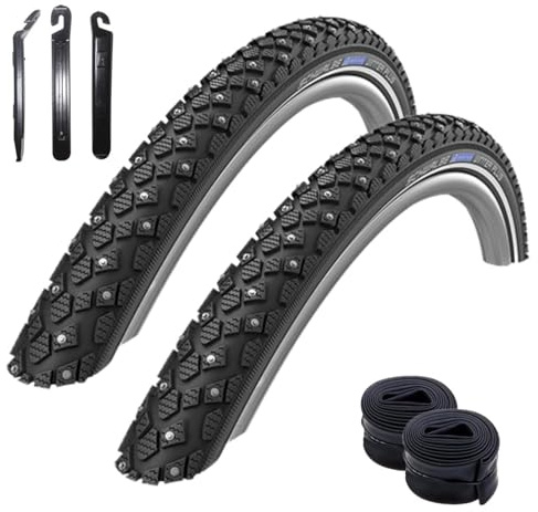 Angebot-Set / 2 x Schwalbe Marathon Winter Plus Schwarz mit Reflex 47-559 (26 x 1.75) + 2 Schwalbe Schläuche AV13 inkl. 3 Reifenheber