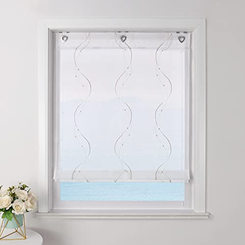 ESLIR Raffrollo ohne Bohren Weiß Raffgardine mit Ösen Transparent Gardinen mit U-Haken Ösenrollo Modern Bestickt Beige BxH 60x140cm 1 Stück