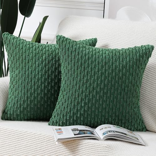 Madizz 2er Set Boho Gestreifte Kissenbezüge Weicher Kord Dekorativer Kissenbezug für Schlafzimmer Sofa Kissenhülle Grün 45 x 45 cm