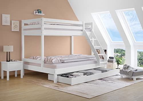 Erst-Holz®Doppel-Etagenbett 90 x 200 cm und 140 x 200 cm Erwachsene WeißRollrost und Bettkasten inkl.