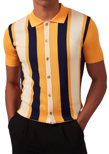 Kallspin Polo Tricot Vintage Homme à Manches Courtes à Rayures Boutonné pour Le Golf(Jaune X-Large)