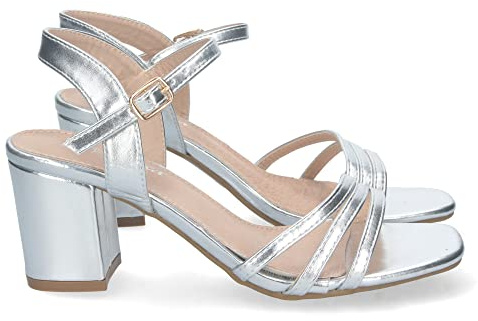 shoes&blues.es 74697-Sandalia de Tacon para Mujer, Comoda, con Palas Finas, Talon Abierto, y Cierre de Hebilla, Primavera Verano 2023. Talla 39 Plata