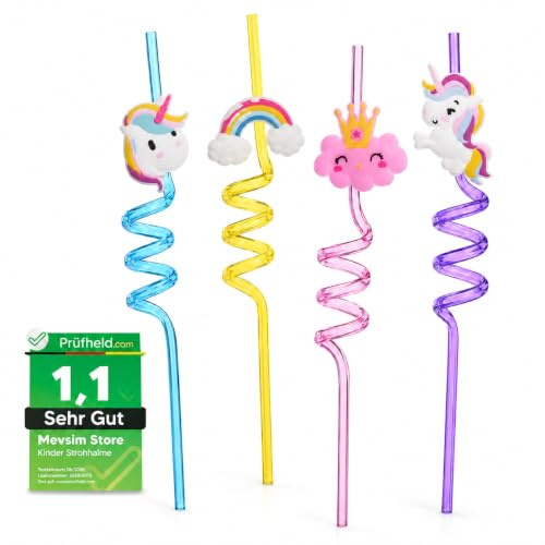 Einhorn Plastic Straws Reusable – 4 Pcs Colourful Curly Drinking Straws for Kids, Fun Bendy Cartoon Straws for Birthday Parties, Juice, Milkshakes, School Lunches & Everyday Drinks
