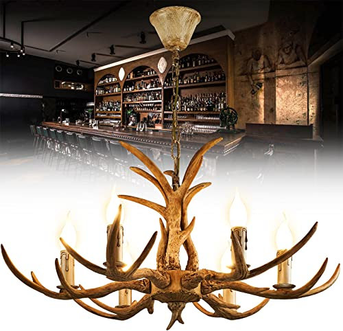 XUEMANSHOP Antler Lamp 220V, Aeckenlampe Geweih mit sechs E14 Spirallampenfassungen Kronleuchter Vintage Geweih Deko 75X75X40cm für Wohnzimmer Bar Restaurant