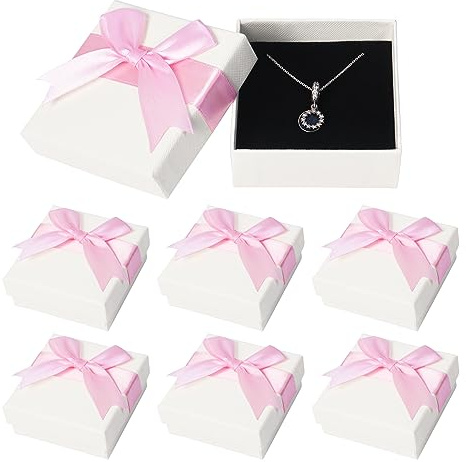 6 Stück Geschenkbox mit Deckel für Schmuck, 7,5× 7,5× 3,5 cm Geschenkbox Schmuck Geschenkschachtel Klein mit Schleife für Halskette, Ohrringe, Ring(Rosa)