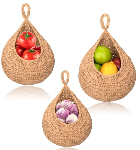 Cesta Colgantes para Frutas Vegetales, Cestas Colgar en la Pared Mimbre Hecho a Mano para Cocina Restaurante Almacenamiento Hogar Bolsa Yute Tejida (Marrón)