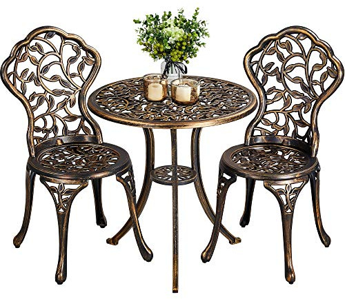Yaheetech Set di Tavolo e Sedie da Giardino 2 Sedie 3 Pezzi Bistrò Veranda Set Mobili Balcone Motivo a Foglia in Alluminio Bronzo