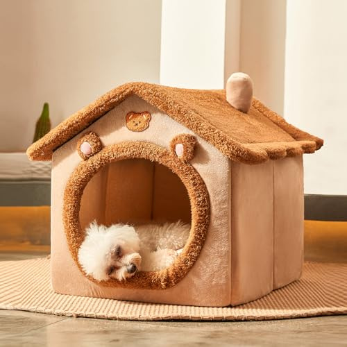 JIUPETY Dog House Dog Bed with Cover Cave with Non-Slip Bottom, M Size Tent Bed for 7-14 Lb Dogs and 9-17 Lb Cats, Brown