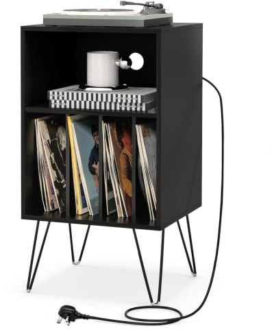 COSTWAY Record Player Stand with Charging Station, Turntable Stand End Sofa Side Table with 5 Shelves & Cable Hole, Albums Vinyl Record Storage Cabinet Holder for Living Room Bedroom (Black)